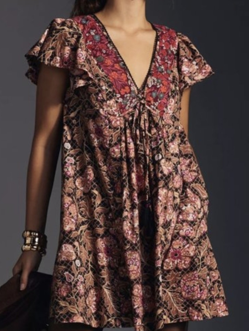 Anthropologie Floral V-Neck Tunic Dress in Rust, Pink and Black